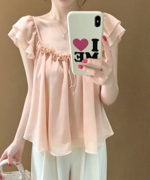 Beststore(ベストストア)の「シフォンブラウス フリル パフスリーブ リボン チュニック 半袖 トップス フェミニン ガーリー(シャツ/ブラウス・レディース・アイボリー/ピンク・FREE)」の11枚目の写真