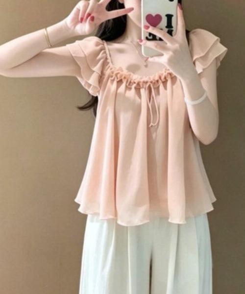 Beststore(ベストストア)の「シフォンブラウス フリル パフスリーブ リボン チュニック 半袖 トップス フェミニン ガーリー(シャツ/ブラウス・レディース・アイボリー/ピンク・FREE)」の12枚目の写真