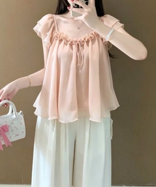 Beststore(ベストストア)の「シフォンブラウス フリル パフスリーブ リボン チュニック 半袖 トップス フェミニン ガーリー(シャツ/ブラウス・レディース・アイボリー/ピンク・FREE)」の13枚目の写真