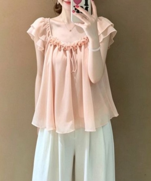 Beststore(ベストストア)の「シフォンブラウス フリル パフスリーブ リボン チュニック 半袖 トップス フェミニン ガーリー(シャツ/ブラウス・レディース・アイボリー/ピンク・FREE)」の14枚目の写真