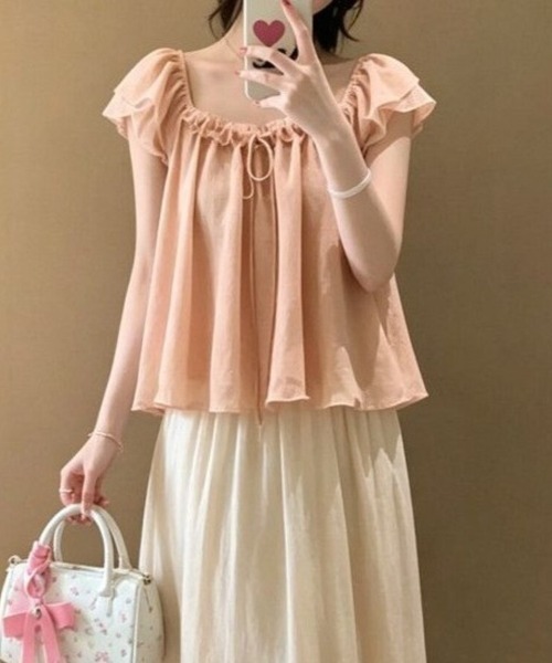 Beststore(ベストストア)の「シフォンブラウス フリル パフスリーブ リボン チュニック 半袖 トップス フェミニン ガーリー(シャツ/ブラウス・レディース・アイボリー/ピンク・FREE)」の15枚目の写真