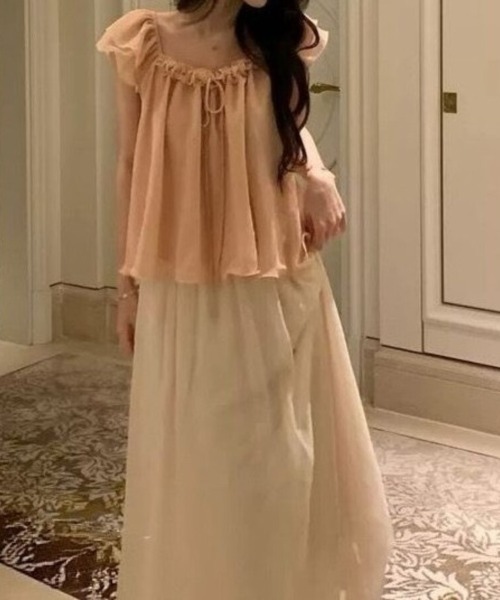 Beststore(ベストストア)の「シフォンブラウス フリル パフスリーブ リボン チュニック 半袖 トップス フェミニン ガーリー(シャツ/ブラウス・レディース・アイボリー/ピンク・FREE)」の16枚目の写真