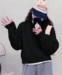 フード付きファスナニットカーディガン