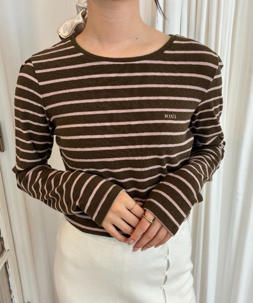 FUULLY STUDIO(フーリィーステューディオ)の「ソフトタッチボーダートップス(Tシャツ/カットソー・レディース・ピンク/カーキ・FREE)」の5枚目の写真