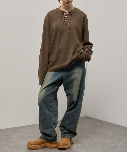 Alfred Alex(アルフレッドアレックス)の「【Alfred Alex】Lace-Up Waffle L/S Tee / レースアップネック ワッフルロンT(Tシャツ/カットソー・メンズ・チャコール/ワインレッド/オリーブ/ブラック・L/M)」の22枚目の写真