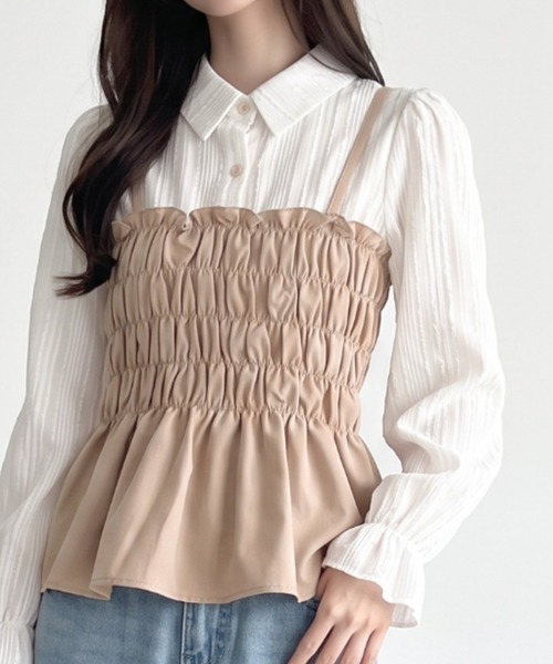 umune（ウムネ）の「一枚で着映える♪ビスチェレイヤード風デザインブラウス（アンサンブル・レディース・ブラック/ベージュ/ブラウン・FREE）」の5枚目の写真