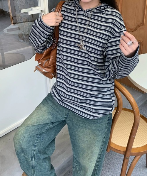 SHEPP(シープ)の「【26年秋冬新作】マルチボーダー ルーズサイズ フーディ(パーカー・レディース・ブラック・M)」の12枚目の写真