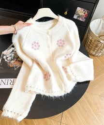 立体フラワー刺繍 ニットカーディガン