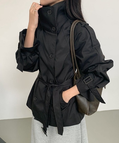 Aelina(エリナ)の「スタンドカラーダブルブレストウエストリボントレンチコート(トレンチコート・レディース・ブラック/ベージュ/ライトベージュ・FREE)」の19枚目の写真
