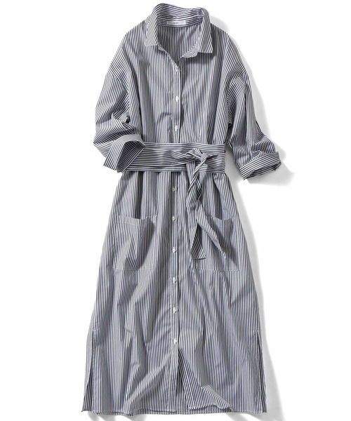 IEDIT（イディット）の「ＩＥＤＩＴ　ソロテックス（Ｒ）混素材でイージーケアなサッシュベルト付きシャツワンピース（シャツワンピース・レディース・カーキ/ベージュ/ブラック×ホワイト・XX-LARGE/SMALL/X-LARGE/LARGE/MEDIUM）」の9枚目の写真