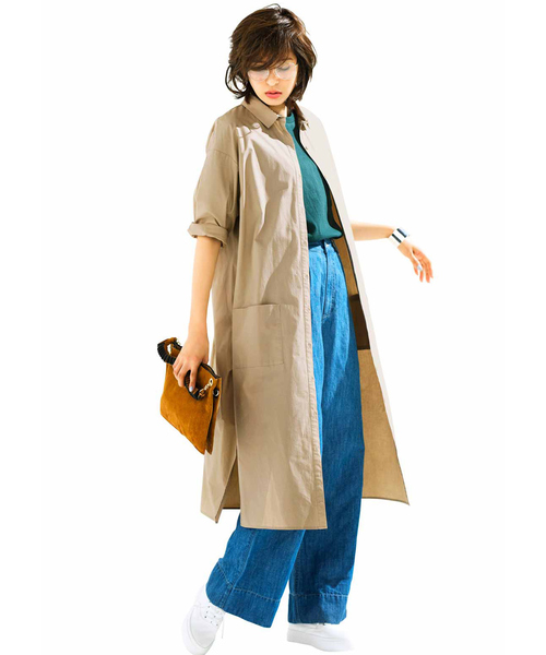 IEDIT（イディット）の「ＩＥＤＩＴ　ソロテックス（Ｒ）混素材でイージーケアなサッシュベルト付きシャツワンピース（シャツワンピース・レディース・カーキ/ベージュ/ブラック×ホワイト・XX-LARGE/SMALL/X-LARGE/LARGE/MEDIUM）」の6枚目の写真