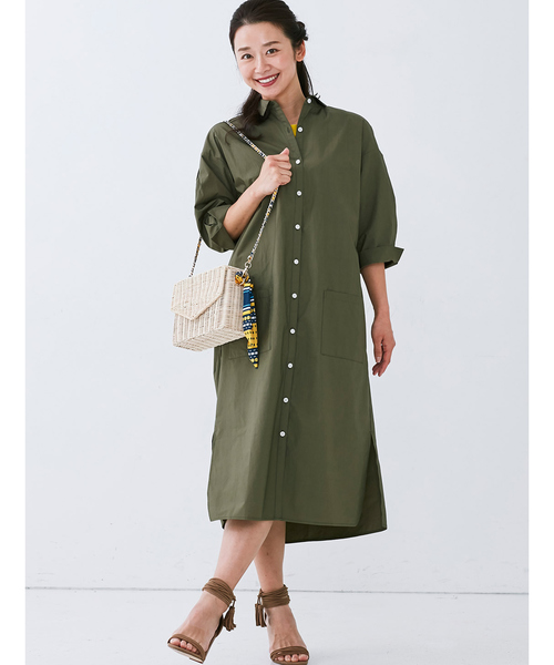 IEDIT（イディット）の「ＩＥＤＩＴ　ソロテックス（Ｒ）混素材でイージーケアなサッシュベルト付きシャツワンピース（シャツワンピース・レディース・カーキ/ベージュ/ブラック×ホワイト・XX-LARGE/SMALL/X-LARGE/LARGE/MEDIUM）」の7枚目の写真