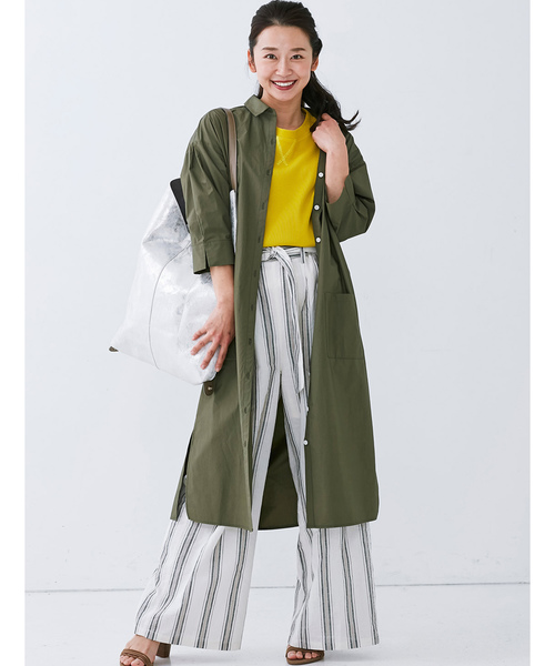 IEDIT（イディット）の「ＩＥＤＩＴ　ソロテックス（Ｒ）混素材でイージーケアなサッシュベルト付きシャツワンピース（シャツワンピース・レディース・カーキ/ベージュ/ブラック×ホワイト・XX-LARGE/SMALL/X-LARGE/LARGE/MEDIUM）」の8枚目の写真