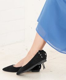無地orフラワー柄バックスピンドルポインテッドトゥフラットパンプス