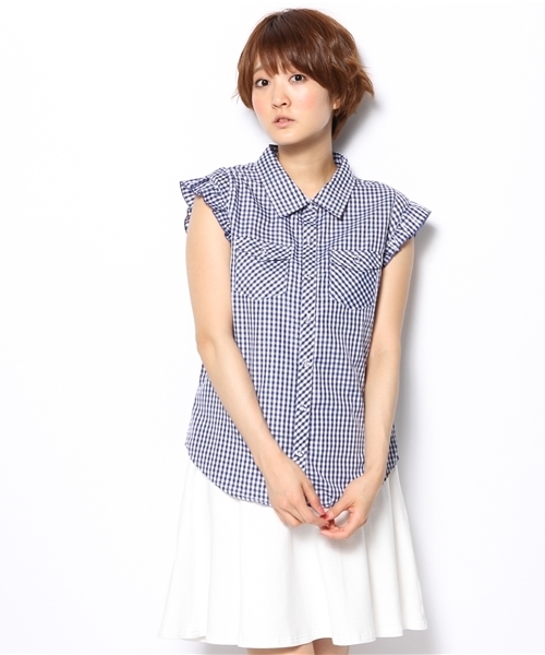 WEGO（ウィゴー）の「WEGO/ギンガムチェック肩フリルブラウス（シャツ/ブラウス・レディース・レッド/ブラック/ブルー/ブルー系その他・FREE）」の3枚目の写真