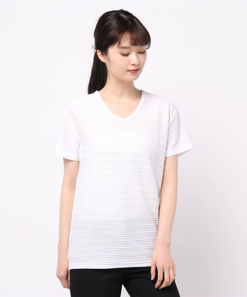 NO WAY(ノーウェイ)の「/タックジャガードVネックTシャツ/(Tシャツ/カットソー・レディース・ホワイト/ブラック/ネイビー/ワインレッド・LARGE/X-LARGE/MEDIUM)」の20枚目の写真