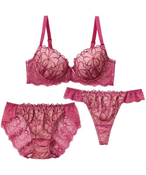 総レースブラ3点セット ワイヤー入りブラジャー+ショーツ+Tバック