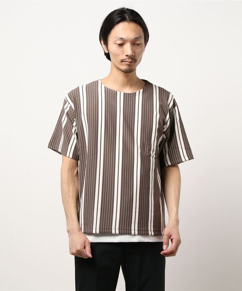PLUS ONE（プラスワン）の「【PLUS ONE】ストライプレイヤードTシャツ（アンサンブル・メンズ・ブラック/ベージュ/ネイビー・M/L/XL）」の3枚目の写真