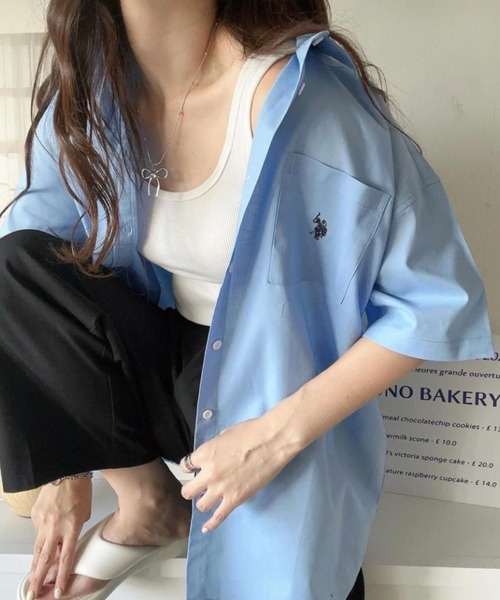 U.S. POLO ASSN.（ユーエスポロアッスン）の「∴WEGO/【26年春夏 待望の再入荷！】U.S. POLO ASSN.別注ハーフスリーブシャツ（シャツ/ブラウス・レディース・ホワイト/ベージュ/ブルー系その他4/グリーン/アイボリー/ブルー・FREE）」の12枚目の写真