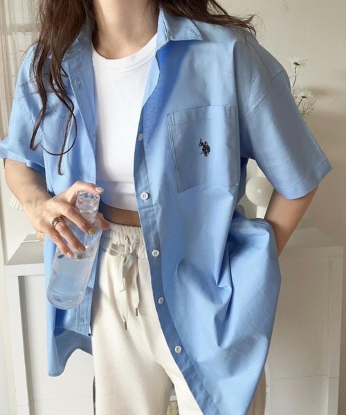 U.S. POLO ASSN.（ユーエスポロアッスン）の「∴WEGO/【26年春夏 待望の再入荷！】U.S. POLO ASSN.別注ハーフスリーブシャツ（シャツ/ブラウス・レディース・ホワイト/ベージュ/ブルー系その他4/グリーン/アイボリー/ブルー・FREE）」の13枚目の写真