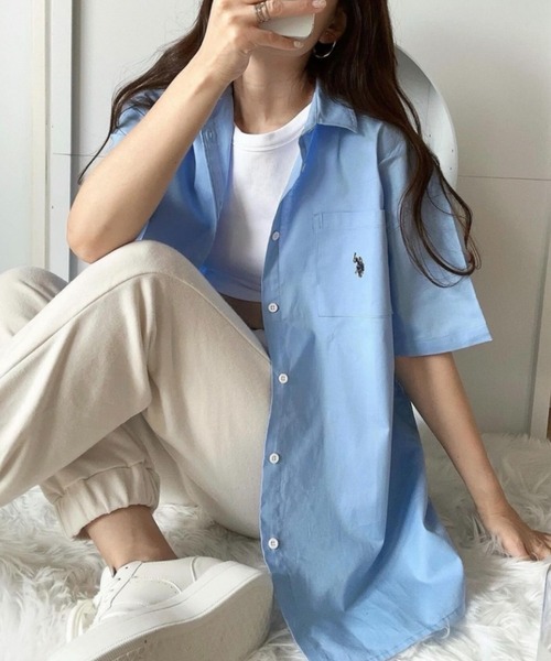 U.S. POLO ASSN.（ユーエスポロアッスン）の「∴WEGO/【26年春夏 待望の再入荷！】U.S. POLO ASSN.別注ハーフスリーブシャツ（シャツ/ブラウス・レディース・ホワイト/ベージュ/ブルー系その他4/グリーン/アイボリー/ブルー・FREE）」の14枚目の写真