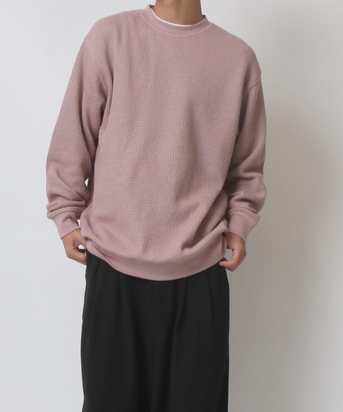 ANPAS(アンパス)の「Low gauge Moss stitch Oversize Sweatshirt/ローゲージ 鹿の子編み オーバーサイズ トレーナー(スウェット・メンズ・ピンク/チャコールグレー/グレイッシュブルー/キナリ・LL/M/L)」の14枚目の写真