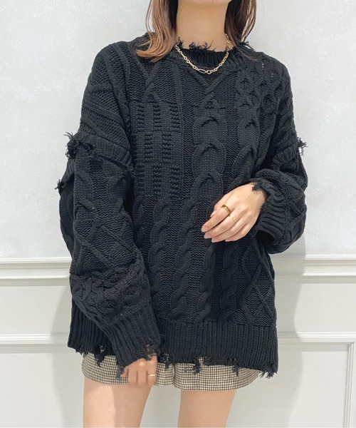apres jour（アプレジュール）の「ダメージパッチワークニット【ZOZOTOWN限定アイテム】（ニット/セーター・レディース・ブラック/オレンジ/グリーン/アイボリー・X-LARGE/フリー）」の3枚目の写真