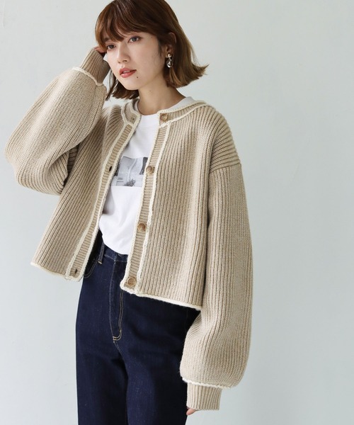 HER CLOSET（ハークローゼット）の「【shemoshelly】WEB限定バイカラーハンドステッチショートカーディガン（カーディガン/ボレロ・レディース・ベージュ/カーキ/ブルー・M）」の2枚目の写真