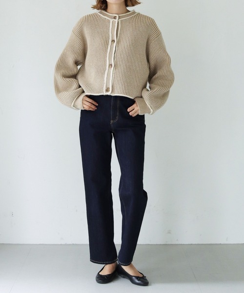 HER CLOSET（ハークローゼット）の「【shemoshelly】WEB限定バイカラーハンドステッチショートカーディガン（カーディガン/ボレロ・レディース・ベージュ/カーキ/ブルー・M）」の13枚目の写真