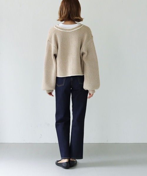 HER CLOSET（ハークローゼット）の「【shemoshelly】WEB限定バイカラーハンドステッチショートカーディガン（カーディガン/ボレロ・レディース・ベージュ/カーキ/ブルー・M）」の12枚目の写真