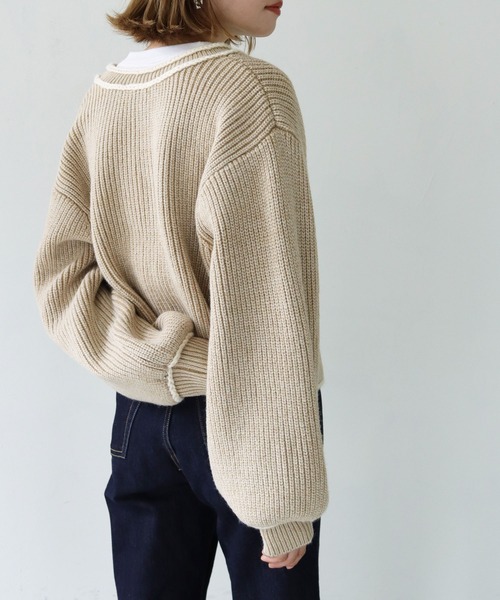 HER CLOSET（ハークローゼット）の「【shemoshelly】WEB限定バイカラーハンドステッチショートカーディガン（カーディガン/ボレロ・レディース・ベージュ/カーキ/ブルー・M）」の10枚目の写真