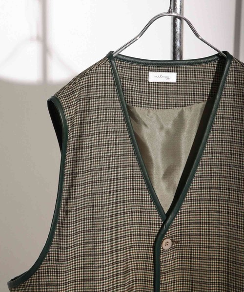 NILWAY(ニルウェイ)の「ルーズパイピングチェックベスト/ジレ(ベスト・メンズ・チャコール/ベージュ系・MEDIUM/LARGE)」の8枚目の写真