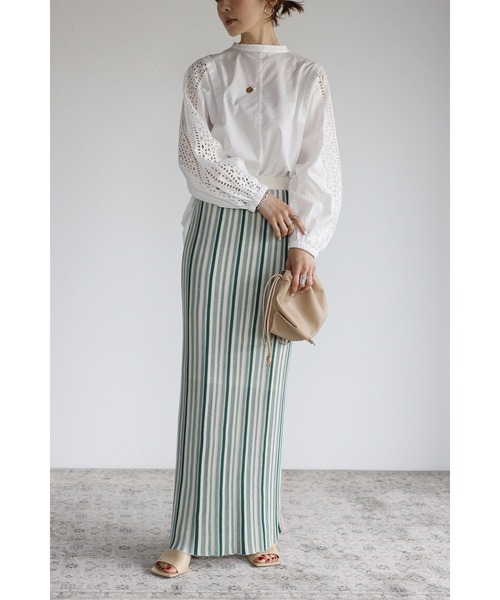 Bonjour Sagan（ボンジュールサガン）の「ストライプニットタイトスカート（スカート・レディース・カーキ/グリーン/オレンジ・FREE）」の4枚目の写真