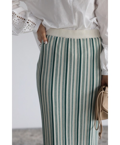 Bonjour Sagan（ボンジュールサガン）の「ストライプニットタイトスカート（スカート・レディース・カーキ/グリーン/オレンジ・FREE）」の9枚目の写真