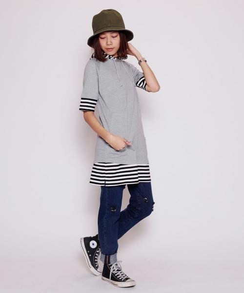 hardcover（ハードカバー）の「hardcover/5分丈ﾎﾞｰﾀﾞｰﾌｰﾄﾞTEE（Tシャツ/カットソー・レディース・グレー・SMALL）」の2枚目の写真