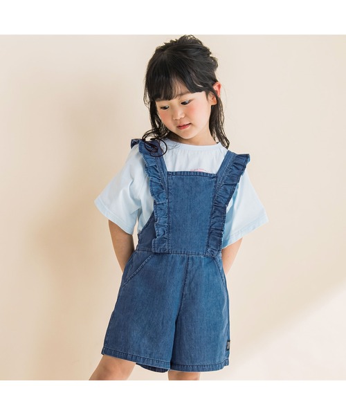 Noeil aime BeBe(ノイユエイムベベ)の「Noeil aime BeBe/肩紐フリルデニムショートサロペット(90~130cm)(つなぎ/オールインワン・キッズ・ブルー・100/120/130/110/90)」の2枚目の写真