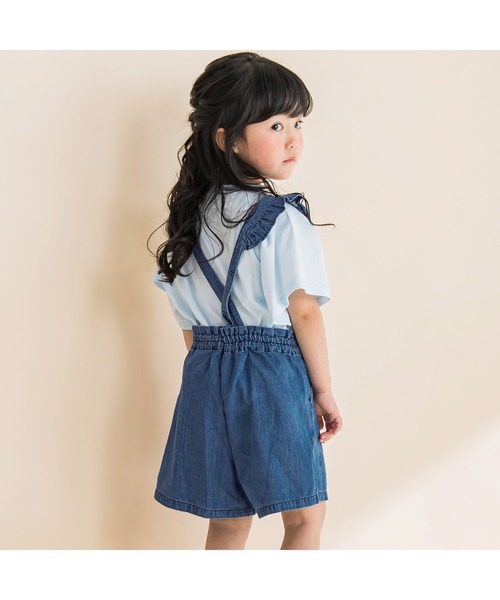Noeil aime BeBe(ノイユエイムベベ)の「Noeil aime BeBe/肩紐フリルデニムショートサロペット(90~130cm)(つなぎ/オールインワン・キッズ・ブルー・100/120/130/110/90)」の4枚目の写真