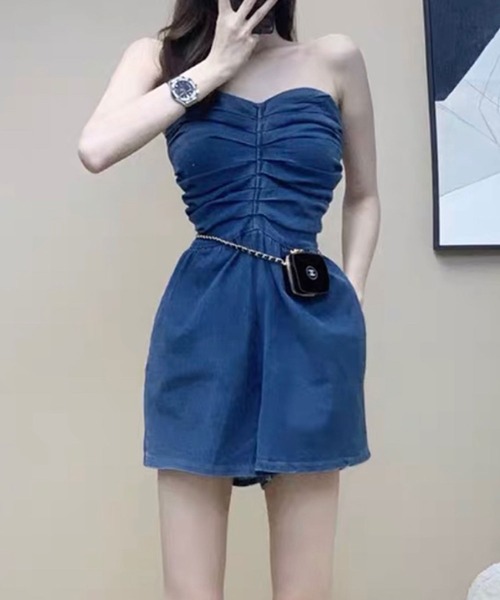 SPIGA（スピーガ）の「ﾃﾞﾆﾑﾍﾞｱｼｮｰﾄｵｰﾙｲﾝﾜﾝ（つなぎ/オールインワン・レディース・ブラック/ブルー・FREE）」の2枚目の写真