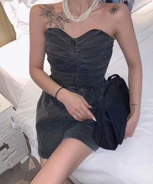 SPIGA（スピーガ）の「ﾃﾞﾆﾑﾍﾞｱｼｮｰﾄｵｰﾙｲﾝﾜﾝ（つなぎ/オールインワン・レディース・ブラック/ブルー・FREE）」の4枚目の写真