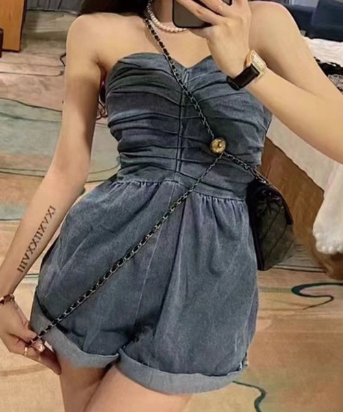 SPIGA（スピーガ）の「ﾃﾞﾆﾑﾍﾞｱｼｮｰﾄｵｰﾙｲﾝﾜﾝ（つなぎ/オールインワン・レディース・ブラック/ブルー・FREE）」の3枚目の写真