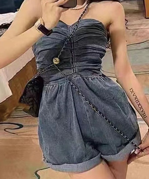 SPIGA（スピーガ）の「ﾃﾞﾆﾑﾍﾞｱｼｮｰﾄｵｰﾙｲﾝﾜﾝ（つなぎ/オールインワン・レディース・ブラック/ブルー・FREE）」の5枚目の写真