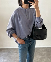パール釦バンドカラーオーバーシルエットシャツ