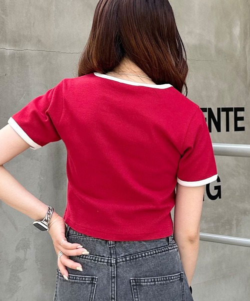 INGNI(イング)の「胸刺しゅうロゴリンガーリブTシャツ(Tシャツ/カットソー・レディース・レッド系3/ホワイト×ブラック/ブラック×ホワイト・M)」の12枚目の写真