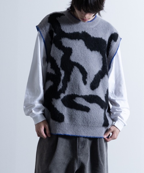 NYLAUS（ナイラス）の「Mohair Like Whole Pattern Loose Knit Vest / モヘアライク 総柄 ルーズ ニットベスト（ベスト・メンズ・ブラック系/グレー系/パープル系・M/L）」の15枚目の写真