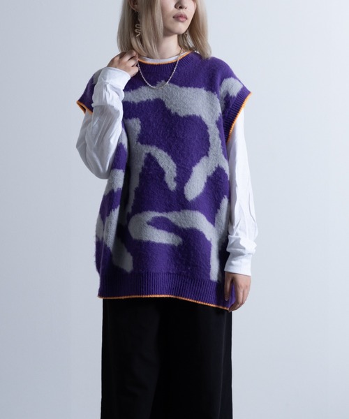 NYLAUS（ナイラス）の「Mohair Like Whole Pattern Loose Knit Vest / モヘアライク 総柄 ルーズ ニットベスト（ベスト・メンズ・ブラック系/グレー系/パープル系・M/L）」の18枚目の写真