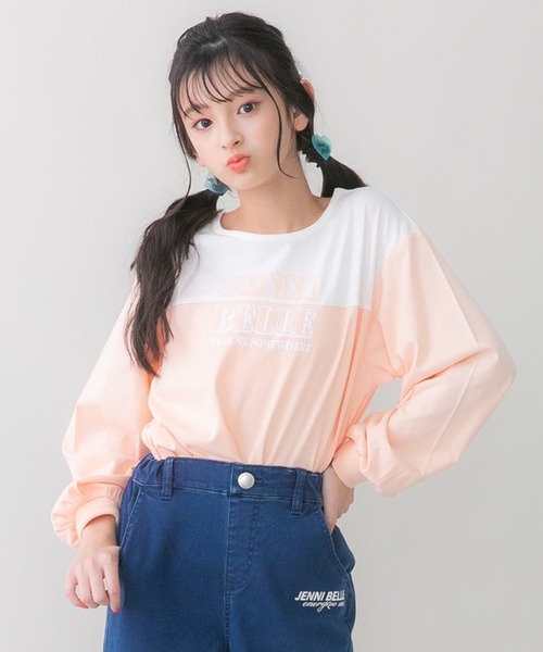 JENNI belle（ジェニィベル）の「【WEB限定】【コットン100％】バイカラーロング丈ロンT（Tシャツ/カットソー・キッズ・サックスブルー/オレンジ/ピンク・140cm/160cm/130cm/150cm）」の3枚目の写真