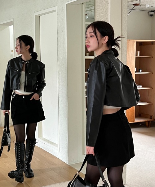 by muni:r（バイ ムニール）の「クロップドライダースジャケット（ライダースジャケット・レディース・ブラウン/ブラック・FREE）」の4枚目の写真