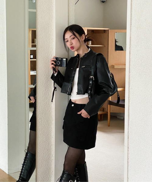 by muni:r（バイ ムニール）の「クロップドライダースジャケット（ライダースジャケット・レディース・ブラウン/ブラック・FREE）」の11枚目の写真