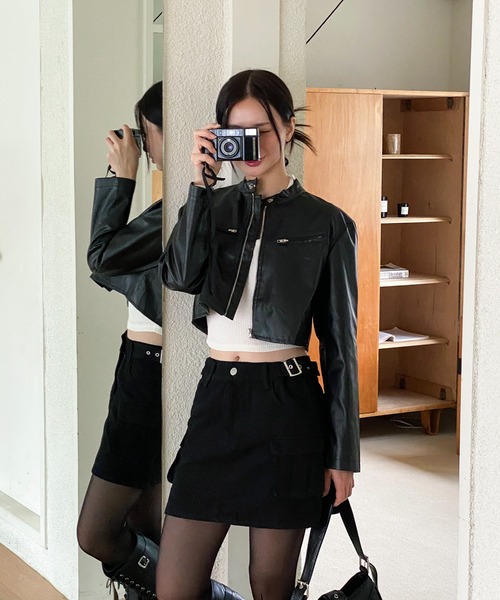 by muni:r（バイ ムニール）の「クロップドライダースジャケット（ライダースジャケット・レディース・ブラウン/ブラック・FREE）」の12枚目の写真