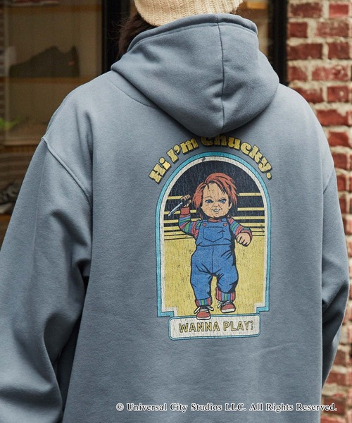 MONO-MART（モノマート）の「【CHUCKY】別注 チャッキー ヴィンテージライクデザインビッグ裏起毛パーカー（パーカー・メンズ・グレイッシュブルー/スミクロ/グレー・L/M）」の19枚目の写真